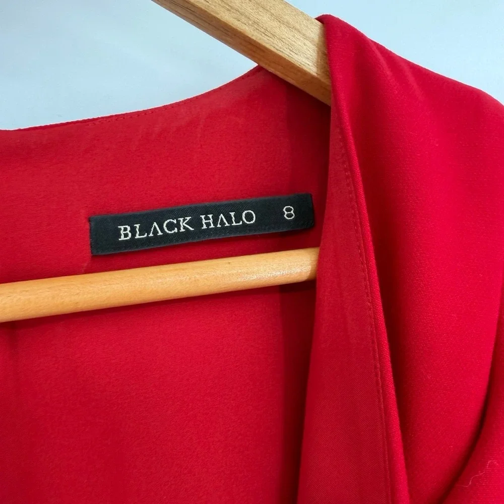 Black Halo Womens Size 8 Jumpsuit Red Ruffle Shoulder Formal Cocktail City Sleek